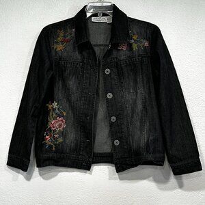 New Direction Woman Size Small Jean Jacket Beaded Embroidered Light Black Denim